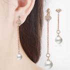 Non-matching Faux Pearl & Rhinestone Dangle Earring 1 Pair - Rose Gold - One Size