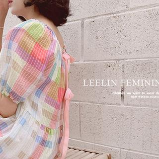 Puff-sleeve Tie-back Checked Dress