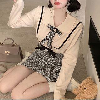 Collared Bow Accent Sweater / Plaid Mini Pencil Skirt (various Designs)