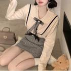 Collared Bow Accent Sweater / Plaid Mini Pencil Skirt (various Designs)