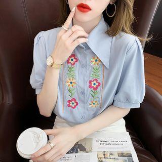 Embroidered Flower Lantern-sleeve Short-sleeve Shirt