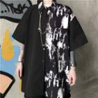 Short-sleeve Asymmetrical Print Chain-accent Shirt