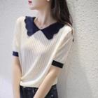Short-sleeve Contrast Collar Knit Top Dark Blue & Off-white - One Size