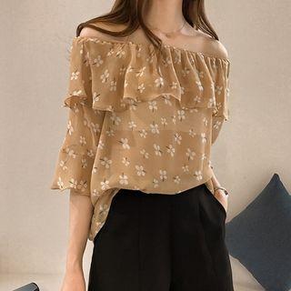 Elbow-sleeve Off-shoulder Ruffled Chiffon Top