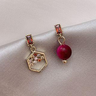 Non-matching Rhinestone Drop Earring 1 Pair - Asymmetric - Gold & Red - One Size
