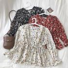 Floral V-neck Flare-sleeve Blouse