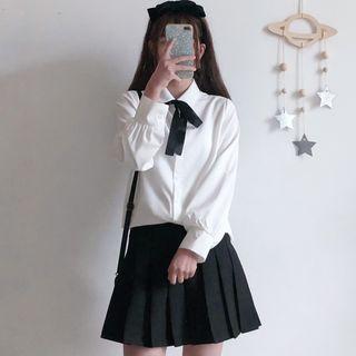 Ribbon Detail Long-sleeve Shirt / Pleated Midi Skirt