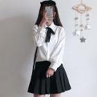 Ribbon Detail Long-sleeve Shirt / Pleated Midi Skirt