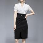 Short-sleeve Lace Panel Midi Shift Dress