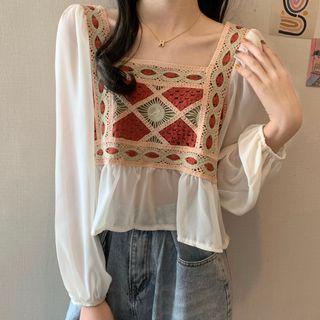 Long-sleeve Square-neck Perforated Lace Panel Chiffon Blouse