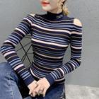Long-sleeve Mock-neck Cutout Striped Knit Top