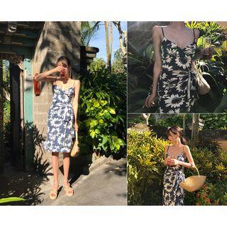 Set: Spaghetti-strap Floral Print Top + Wrap-front Skirt