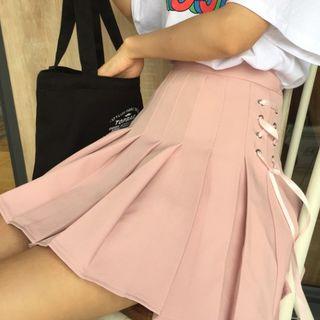 Lace-up Pleated A-line Mini Skirt