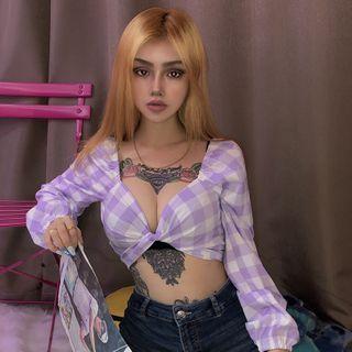 Plaid Lace-up Long-sleeve Crop Top