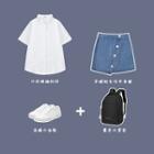 Short-sleeve Plain Shirt / Irregular Denim Mini Skirt