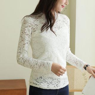 Frilled-neck Sheer-yoke Lace Blouse