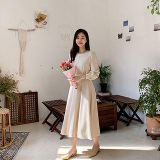 Gather-waist Long Monotone Dress