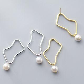 925 Sterling Silver Irregular Hoop Faux Pearl Earring