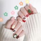 Flower Faux Nail Tips S56 - Flower - White & Pink & Green - One Size