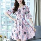 Floral Print Elbow-sleeve V-neck Chiffon Dress