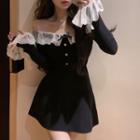 Long-sleeve Off-shoulder Lace Trim Mini A-line Dress Black - One Size