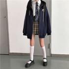 Zip Hoodie / Long-sleeve Tie-neck Shirt / Pleated Skirt