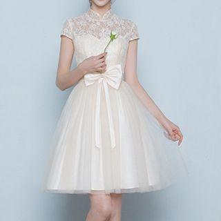Cap Sleeve Mandarin Collar Mini Prom Dress