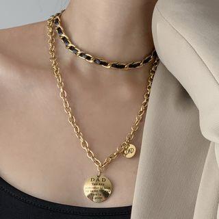 Stainless Steel Faux Leather Pendant Layered Necklace
