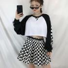 Cropped Plaid Panel Sweatshirt / A-line Mini Skirt