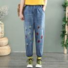 High-waist Embroidered Flower Wide-leg Jeans