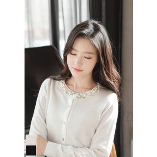 Faux-pearl Beaded Round-neck Cardigan