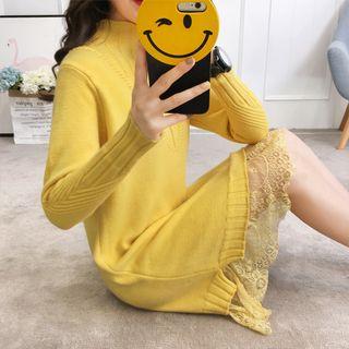 Lace Hem Long Sleeve Midi Knit Dress