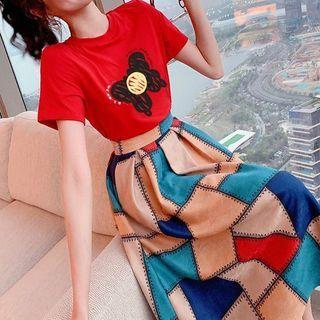 Set: Short-sleeve Print T-shirt + Color Block Midi A-line Skirt