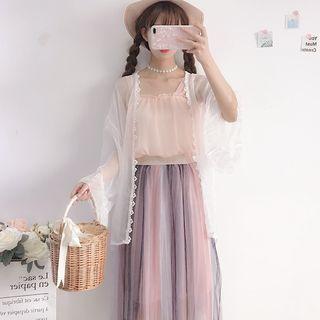 Wide-strap Top / Gradient Midi Mesh Skirt / Lace Trim Light Jacket