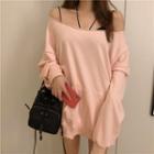 Plain Off-shoulder Long-sleeve Loose-fit Pullover