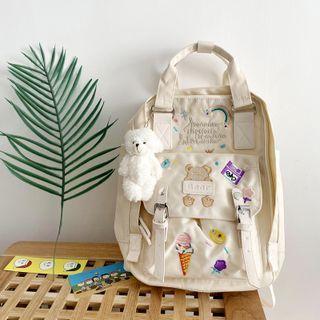 Embroidered Backpack With Bear Charm - Off-white - One Size