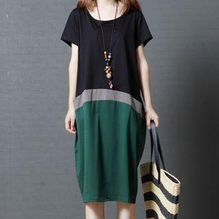 Color Block Elbow-sleeve Midi T-shirt Dress