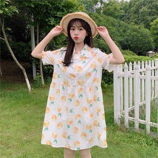 Peach Print Elbow-sleeve A-line Dress