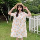 Peach Print Elbow-sleeve A-line Dress