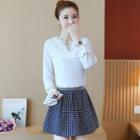 Set: V-neck Long-sleeve Top + Polka Dot A-line Skirt