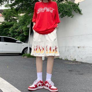 Drawstring Waist Fire Lettering Shorts