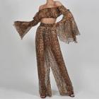 Leopard Print Cropped Off-shoulder Lace Top + Wide Leg Pants