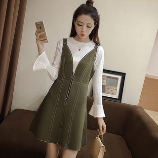 Set: Frill Sleeve Top + V-neck Sleeveless Dress