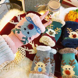Furry Trim Deer Print Mittens