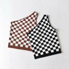 Asymmetrical One-shoulder Checker Print Knit Top