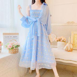 Set: Floral Print Sleeveless Midi A-line Dress + Chiffon Shirt