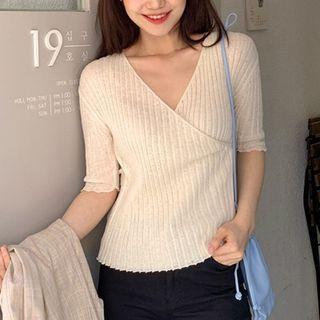 Striped V-neck Slim-fit Knit Top Almond - One Size
