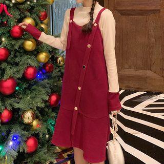 Mock-turtleneck Long-sleeve Top / Ruffle Hem Pinafore Dress