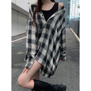 Set: Long-sleeve Plaid Mock Two-piece Shirt + Tank Top