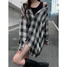 Set: Long-sleeve Plaid Mock Two-piece Shirt + Tank Top